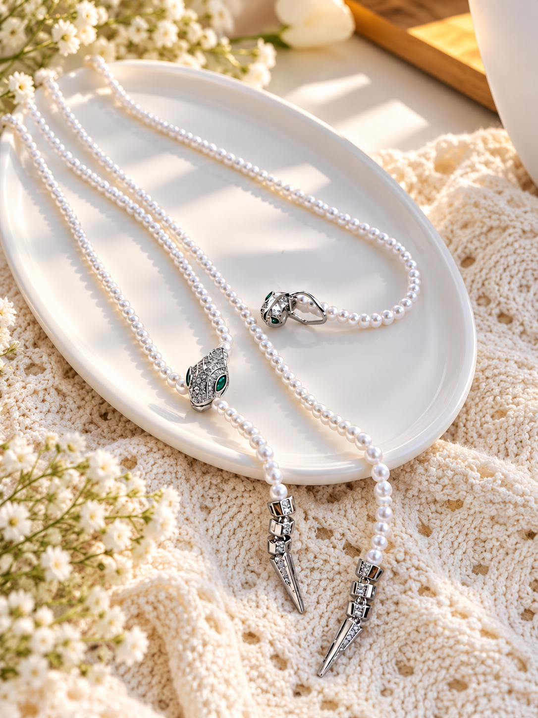 Long Synthetic Pearl & Cubic Zirconia Snake Necklace