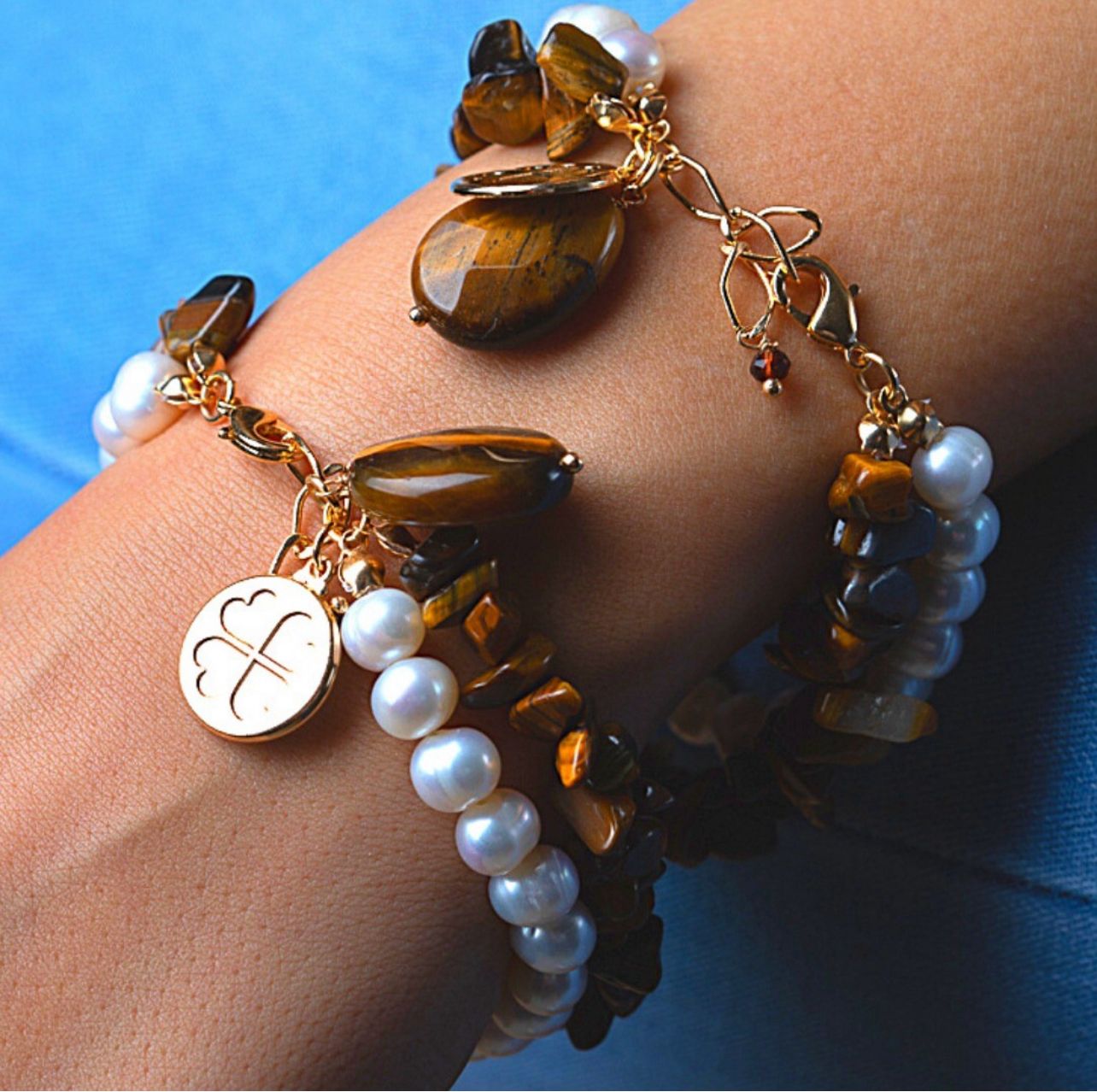 2 in 1 Bracelets Freshwater Pearls and Tiger Eye Stones