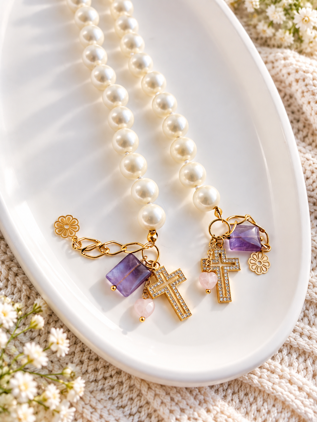 Shell Pearl, Garnet & Heart Quartz Cross Bracelet