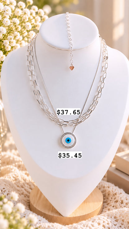 Silver Layered Necklace & Freshwater Pearl Evil Eye Necklace