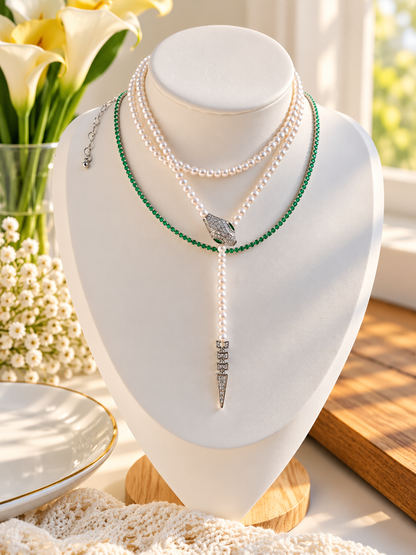 Long Synthetic Pearl & Cubic Zirconia Snake Necklace