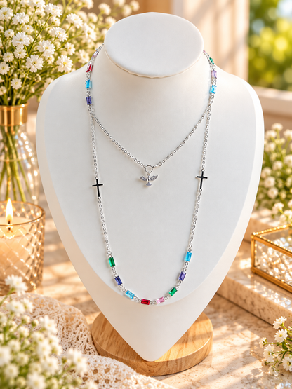 Long Silver Double Religious Necklace 70cm