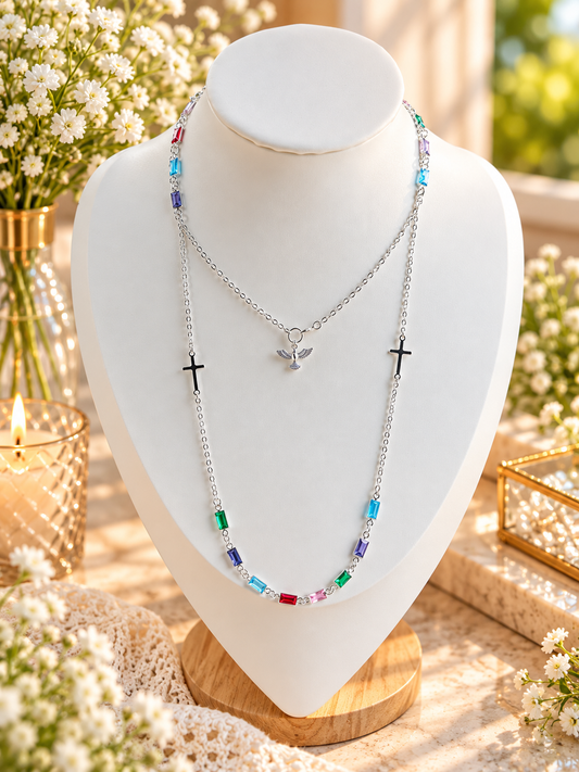 Long Silver Double Religious Necklace 70cm
