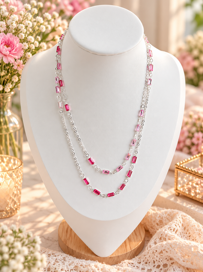 Silver Long Double Crystal Necklace 70cm