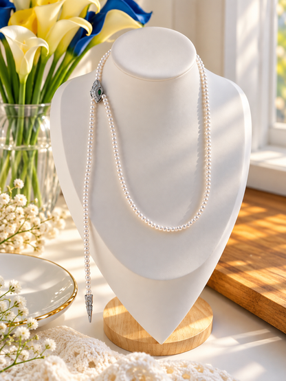 Long Synthetic Pearl & Cubic Zirconia Snake Necklace