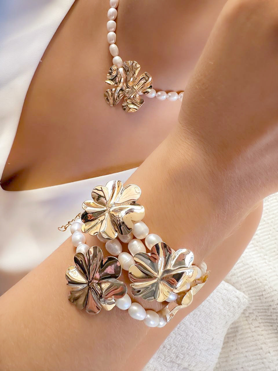 Freshwater Pearl Flower Bracelet Necklace Sets