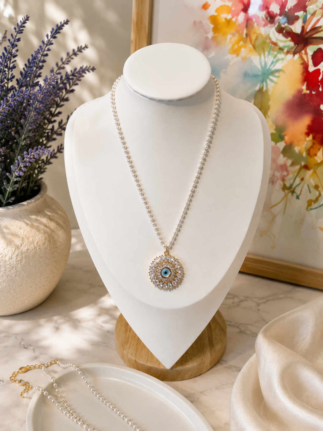 Synthetic Pearl Evil Eye Necklace 35cm