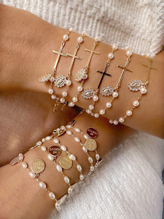 Synthetic Pearls Bracelets with Cross Pendants