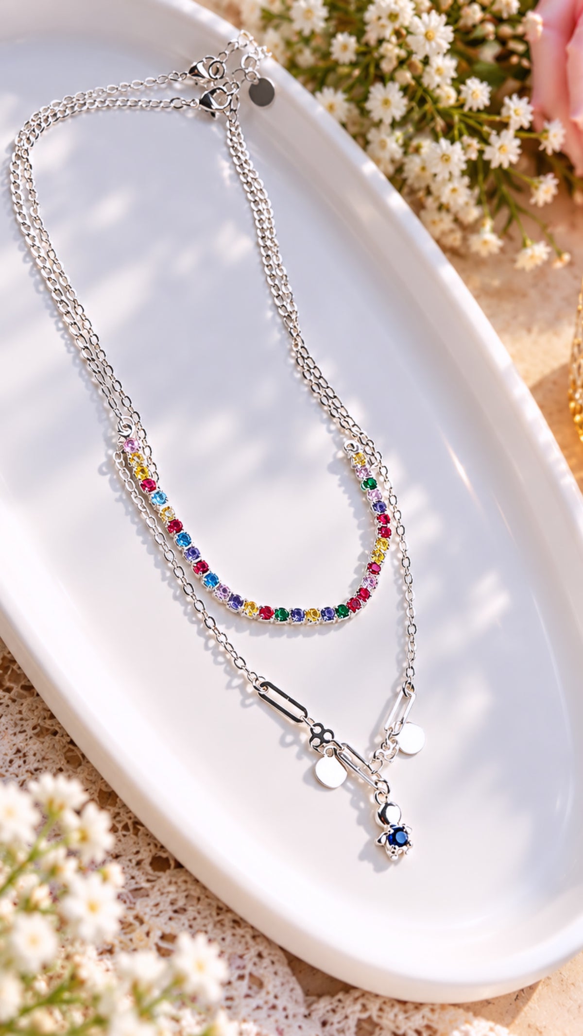 Silver Cubic Zirconia Layered Necklace Set