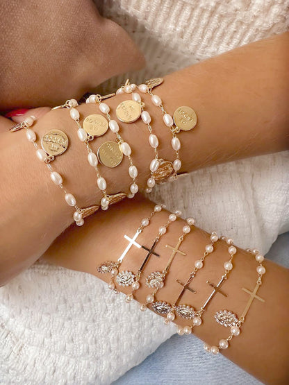 Synthetic Pearls Bracelets with Cross Pendants