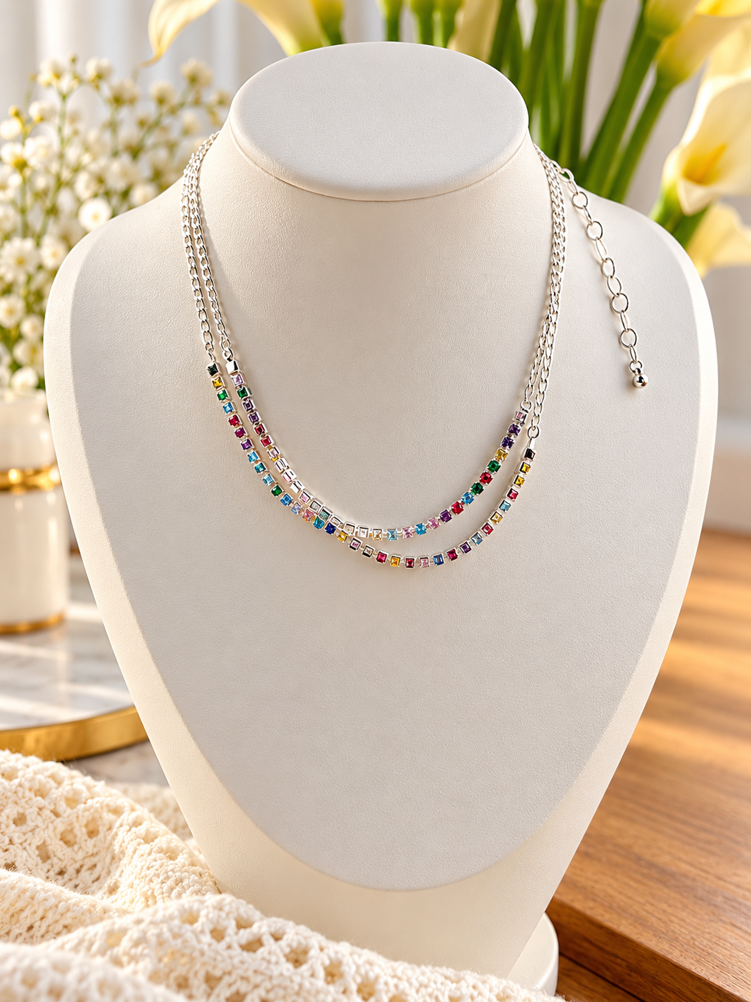 Silver Cubic Zirconia Layered Necklace Set
