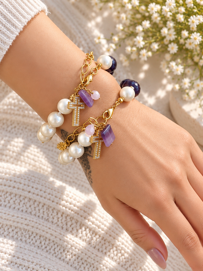 Shell Pearl, Garnet & Heart Quartz Cross Bracelet