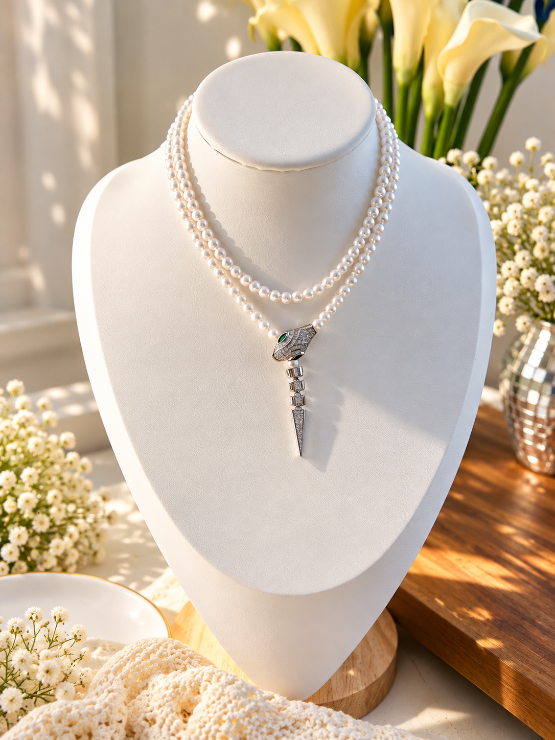 Long Synthetic Pearl & Cubic Zirconia Snake Necklace