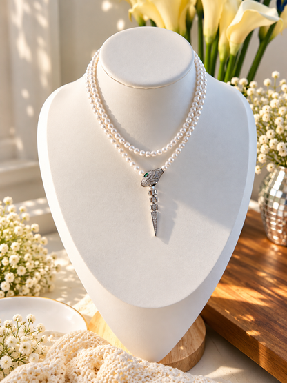 Long Synthetic Pearl & Cubic Zirconia Snake Necklace