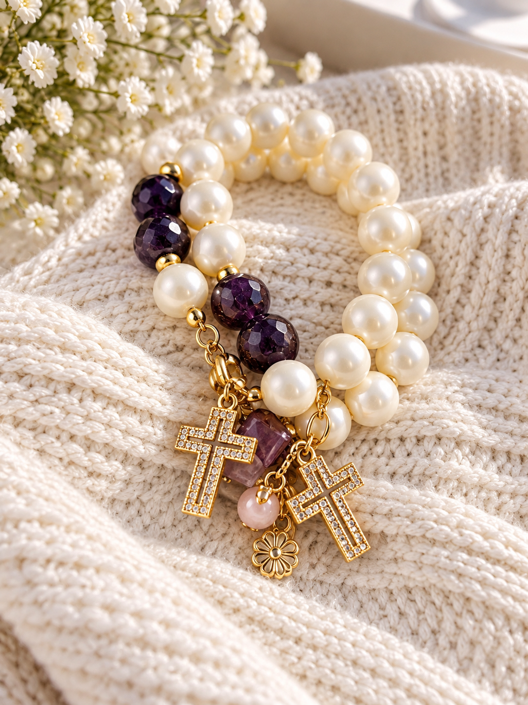 Shell Pearl, Garnet & Heart Quartz Cross Bracelet