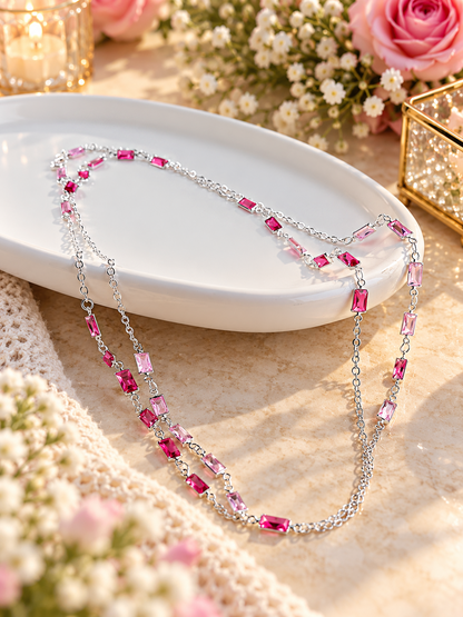 Silver Long Double Crystal Necklace 70cm