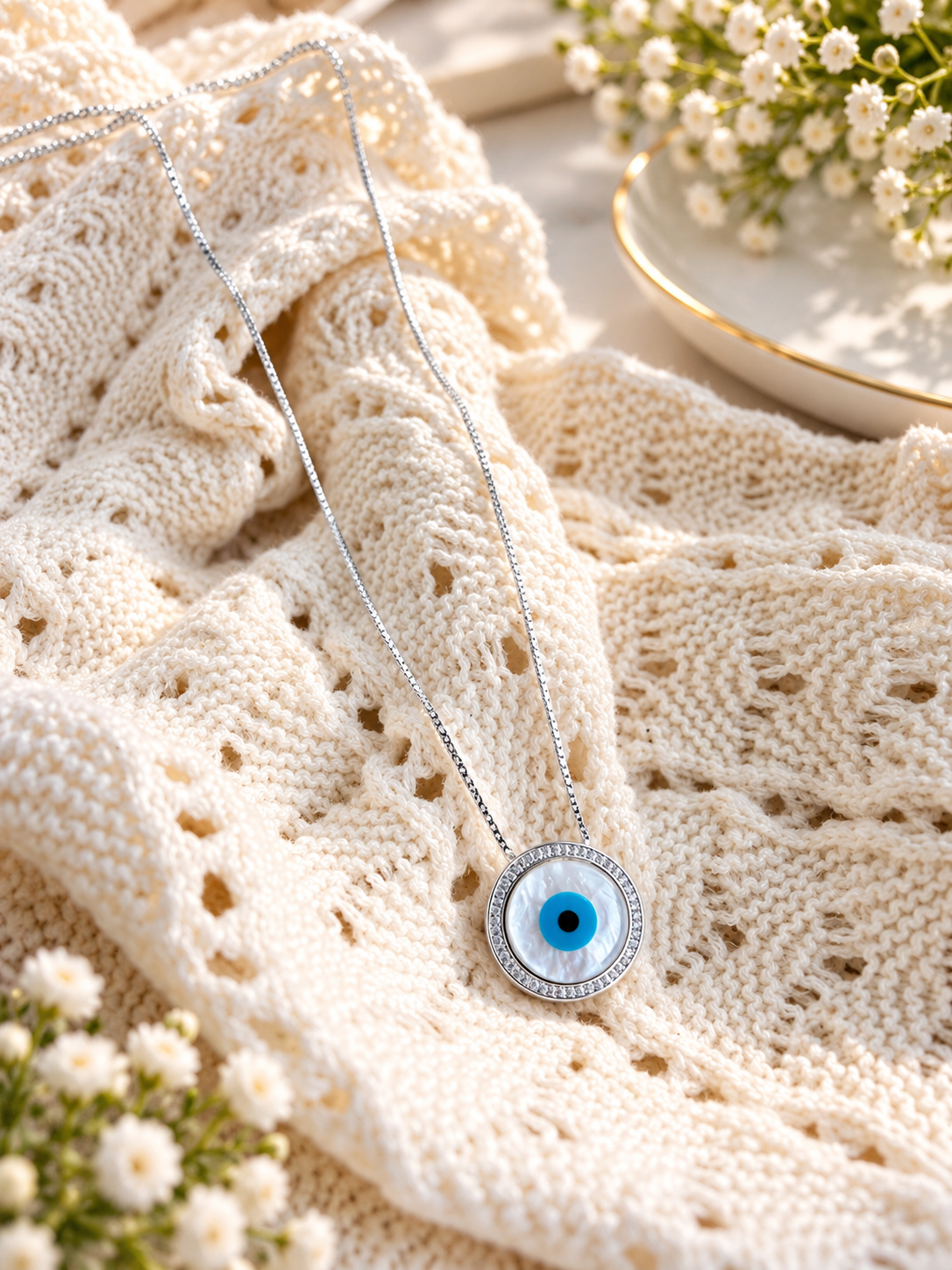 Silver Layered Necklace & Freshwater Pearl Evil Eye Necklace
