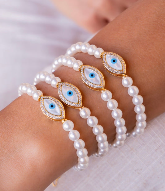 Shell Pearl Bracelet with Evil Eye Pendant
