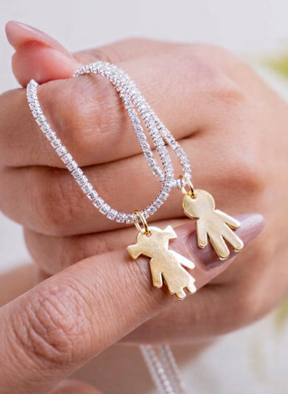 Silver Crystal Necklace with Gold Kids Pendants